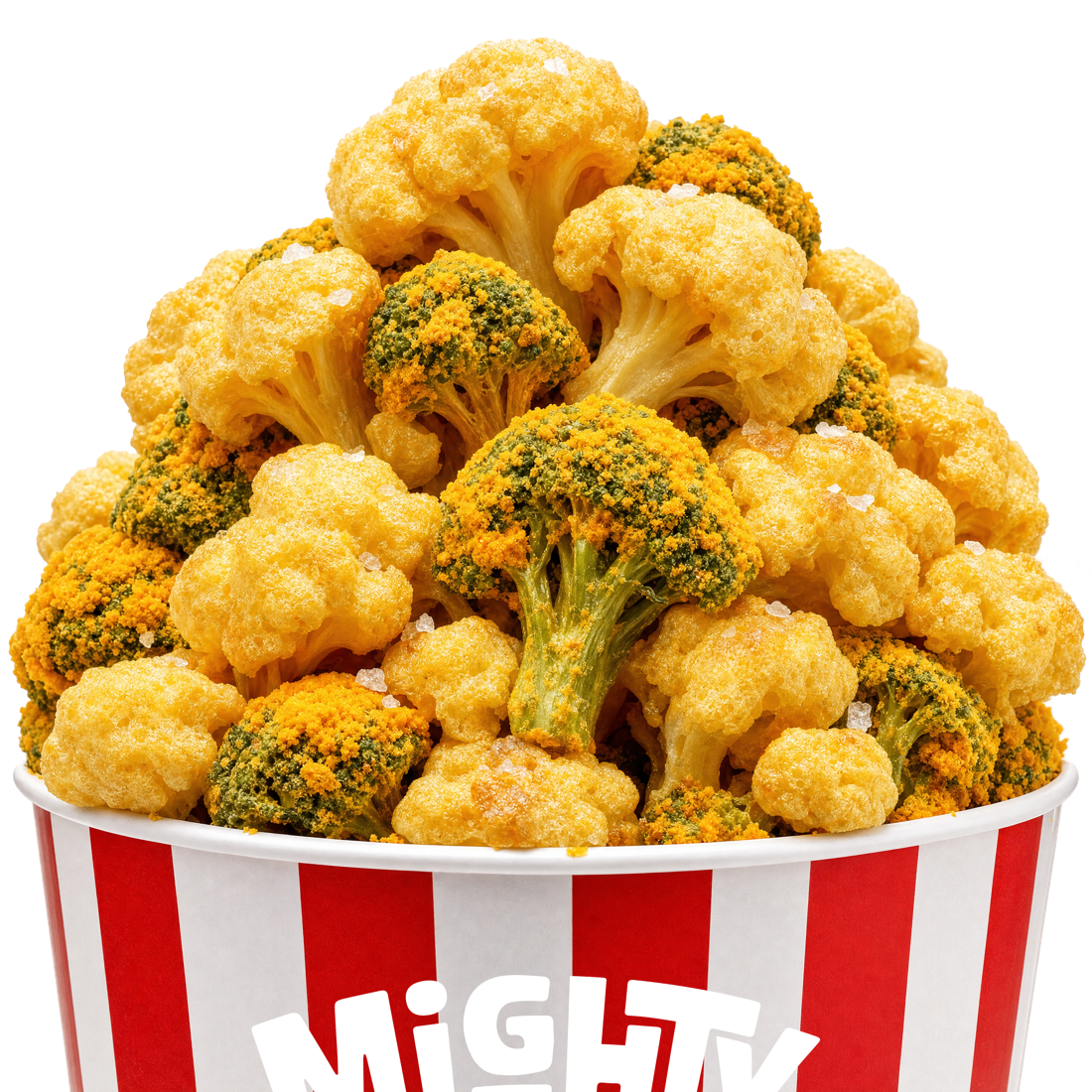 A bucket overflowing with cheddar-dusted freeze-dried cauliflower and broccoli