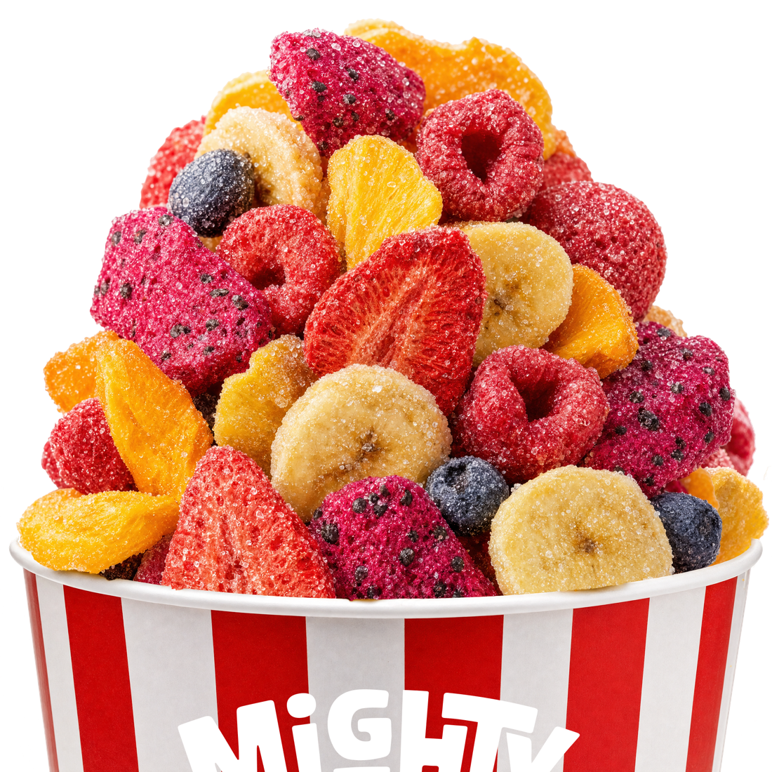 A bucket overflowing with freeze-dried fruit